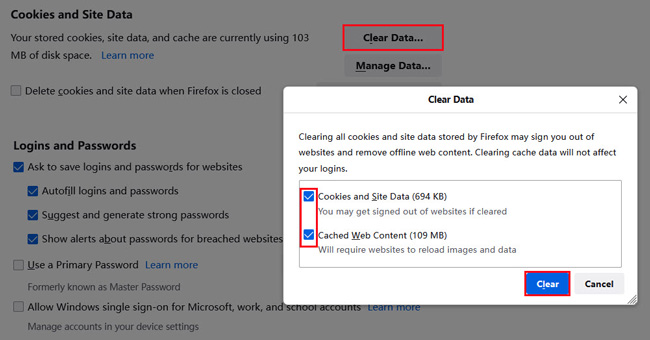 Clear Cache and Cookies on Firefox