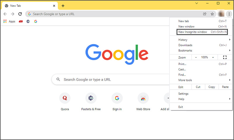 Turn on incognito mode in Chrome