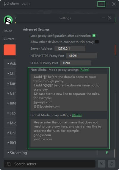 PandaVPN for Windows Split Tunneling Settings